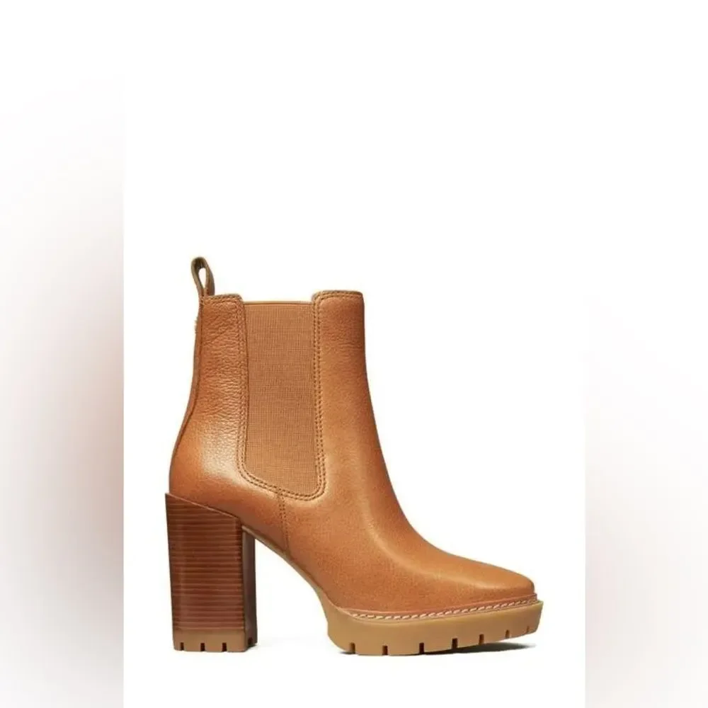Tory Burch Leather Heeled CARSON LUG SOLE ANKLE BOOTS in Toasted Caramel